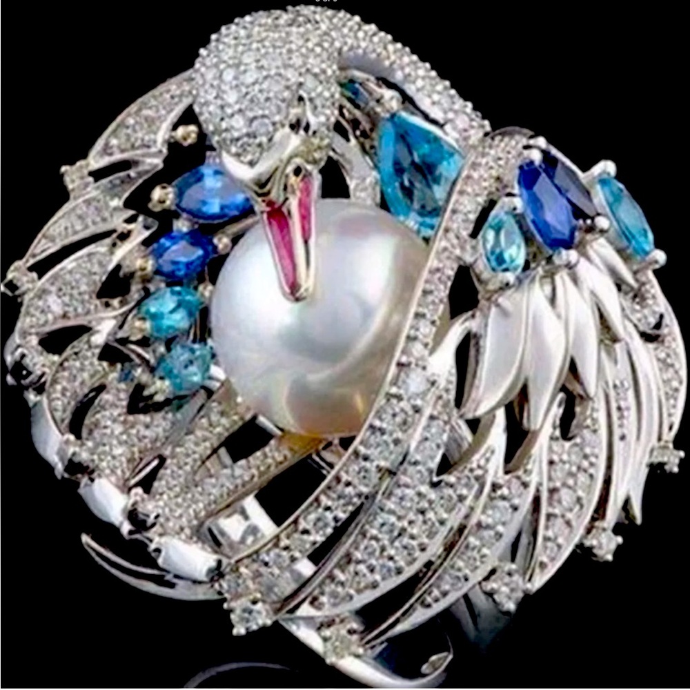 STUNNING and Unique SWAN bird  Cocktail Ring Statement Piece Blue Topaz Pearl
